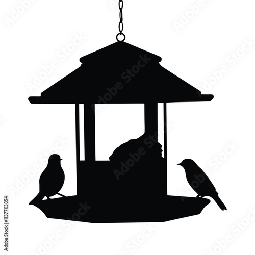 Bird feeder black and white silhouette illustration