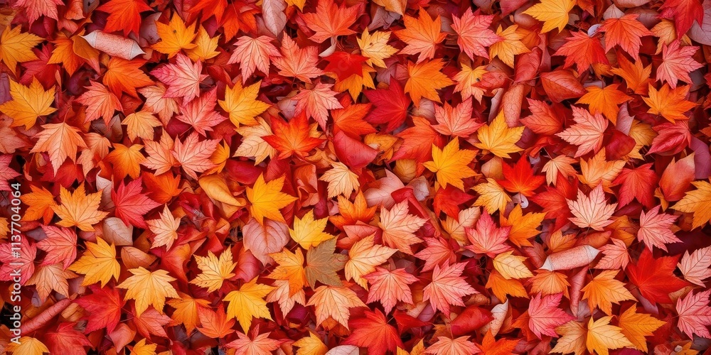 A beautiful background of fallen autumn leaves in rich reds, oranges, and yellows, creating a warm and inviting scene, October, tranquil