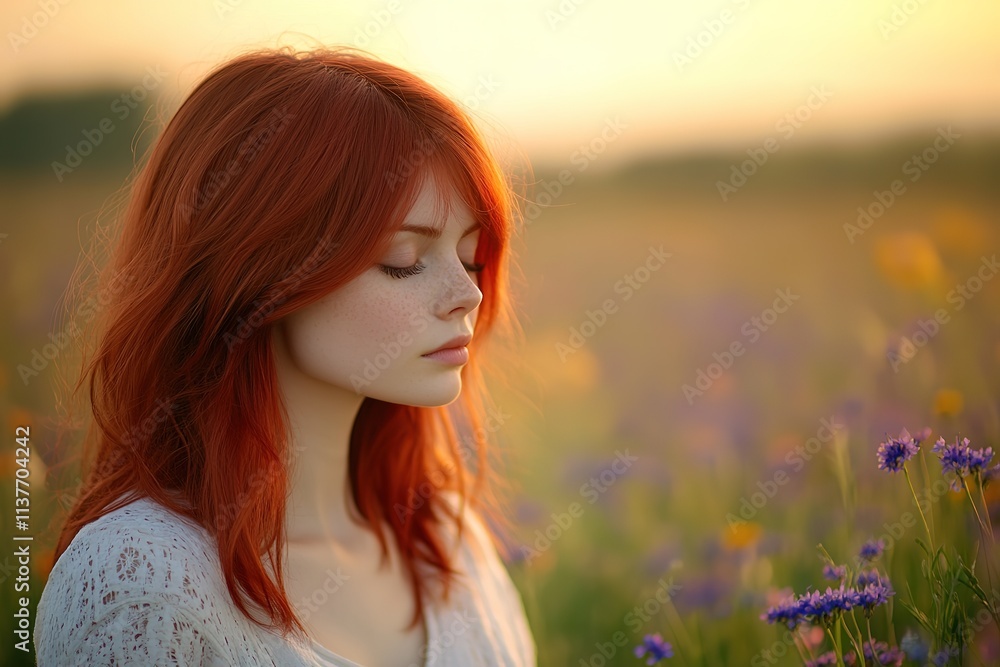 Woman with cherry red hair in sunset light among flowers Woman with cherry red hair in sunset light among flowers