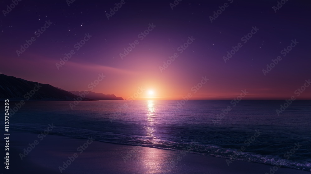 Fototapeta premium Serene sunset over calm ocean waters with distant hills and starry sky reflecting twilight hues