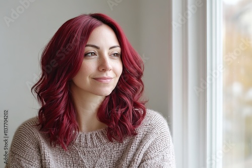 Woman with cherry red hair gazing out window