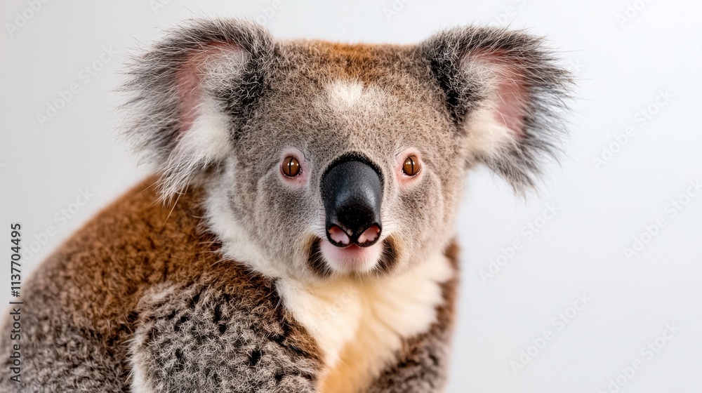 Fototapeta premium A close up photo of a fluffy koala with large round ears, a black nose, and a small mouth, against a blank white background, showcasing its adorable features.