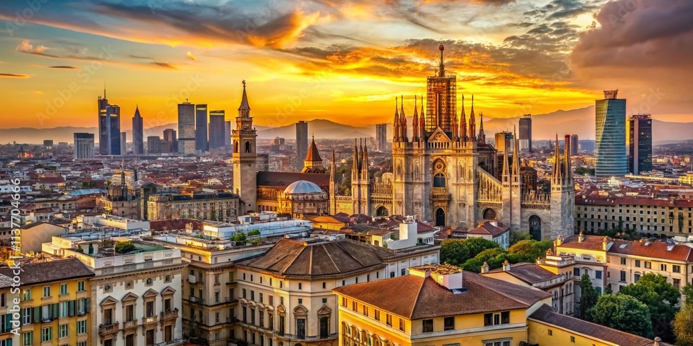 Fototapeta premium Milan Skyline Panorama, Italian Cityscape, Duomo, High-Rise Buildings, Sunset City Views, Architectural Photography, Amazing Italy