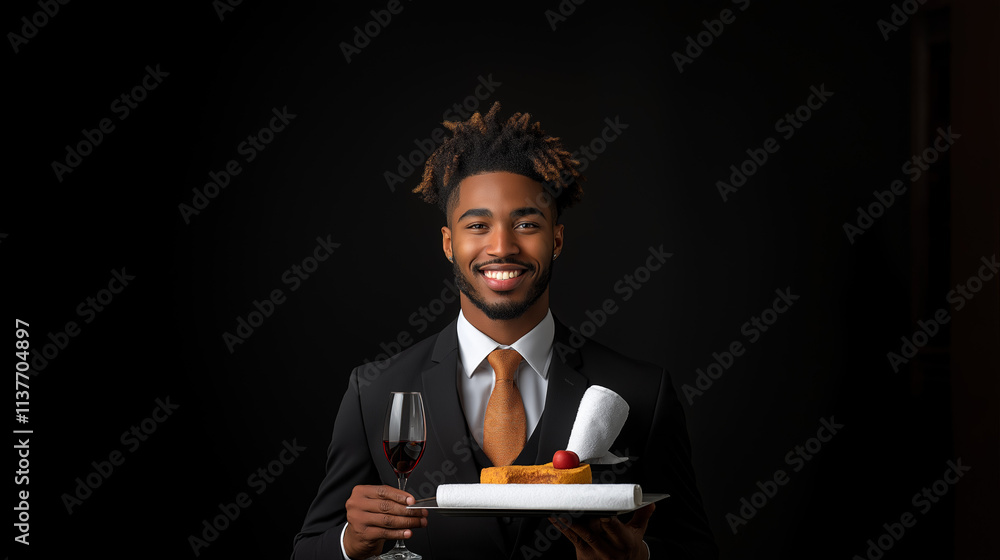 Professional waiter serving fine dining experience upscale restaurant food presentation elegant atmosphere portrait view hospitality concept Professional waiter serving fine dining experience upscale restaurant food presentation elegant atmosphere portrait view hospitality concept