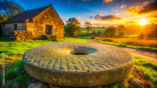 Millstone Image: Ancient Grinding Stone, History, Agriculture, Rural Life, Farming Tool,  Stone Wheel,  Medieval Artifact,  Historical Relic,  Grist Mill, Flour Production photo