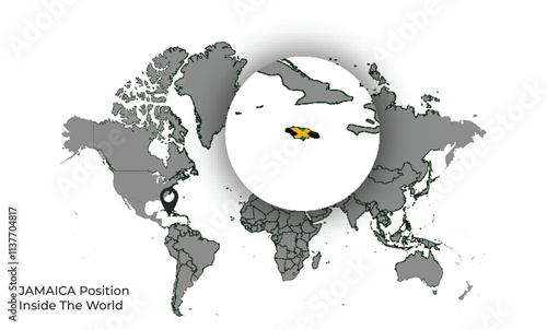 JAMAICA Position Inside the World with Flag in Map photo