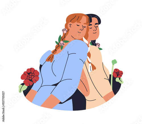 Women, best friends with flowers. Female friendship, girls love, bonding conc...