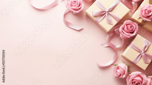 Top view photo of trendy gift boxes with ribbon bows and red rose on isolated pastel color background