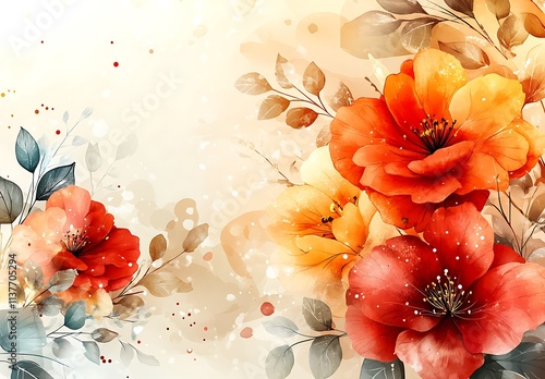 Watercolor Painting of Orange and Red Flowers with Leaves