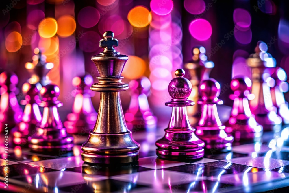 Miniature Chessboard, Magenta Spotlight, Tilt-Shift Photography, Fantasy Chess, Surreal Chess Game Miniature Chessboard, Magenta Spotlight, Tilt-Shift Photography, Fantasy Chess, Surreal Chess Game