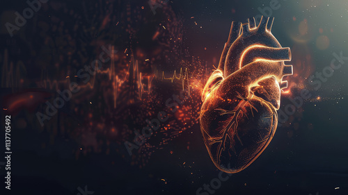 Human heart with cardio pulse line  chromosome and Flowing red blood cells