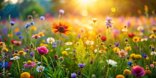 Miniature Flower Meadow: Tilt-Shift Nature Photography, Blooming Flowers, Spring Landscape, Macro Photography, Tiny World