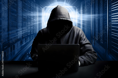  Hacker, in ambiente cyberspazio, attacco informatico, software con codice binario. photo