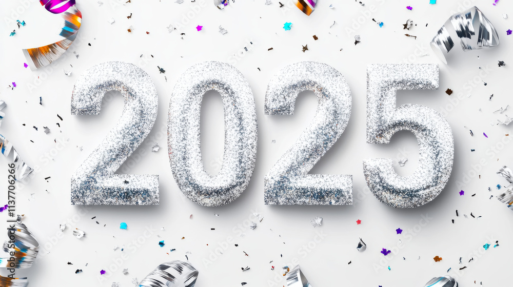 Obraz premium Happy new year 2025 . New year holidays card with silver glitter and lights on white background