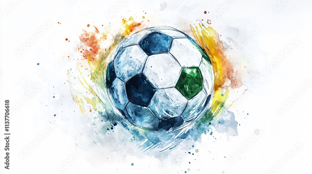 Naklejka premium Dynamic Watercolor Soccer Ball: A Vibrant Celebration of the Beautiful Game