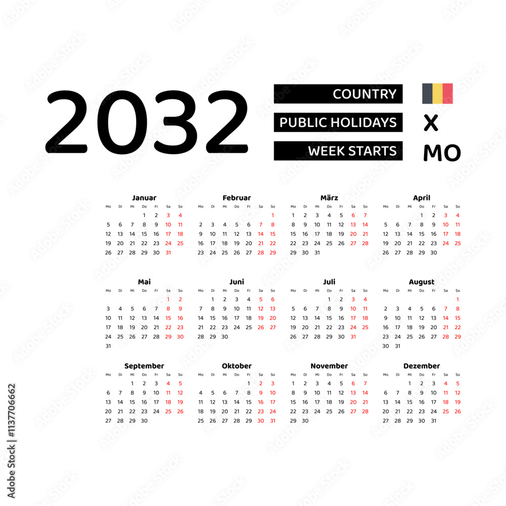 Calendar 2032 German language with Belgium public holidays. Week starts from Monday. Graphic design vector illustration. Calendar 2032 German language with Belgium public holidays. Week starts from Monday. Graphic design vector illustration.