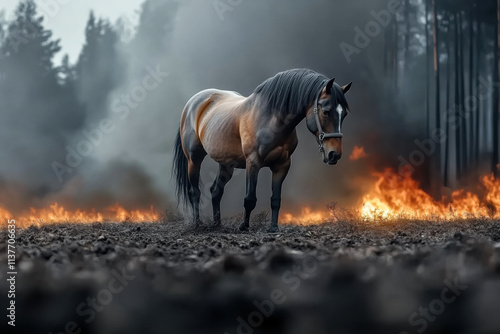black horse is depicted in profile, its imposing silhouette highlighted against the background