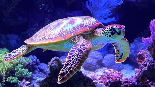 Sea turtle swimming in blue water near coral.