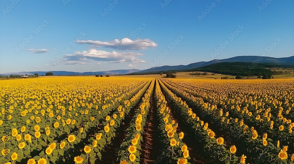 A photo of a sunflower field in full bloom under a clear blue summer sky A photo of a sunflower field in full bloom under a clear blue summer sky