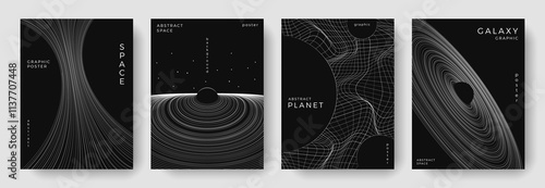 Set of abstract space astronomy backgrounds. Line art planet, galaxy, solar system, black hole. Science future concept. Cosmic minimalist design for cover, poster, layout, banner, flyer, brochure