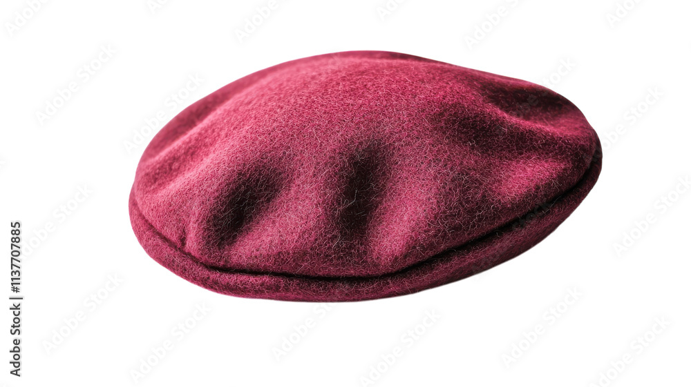 Maroon beret hat resting on a flat surface with a soft texture, ideal for stylish outdoor wear in any season. Maroon beret hat resting on a flat surface with a soft texture, ideal for stylish outdoor wear in any season.