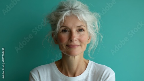 Portrait of a Smiling Woman with Natural Beauty Against a Turquoise Background