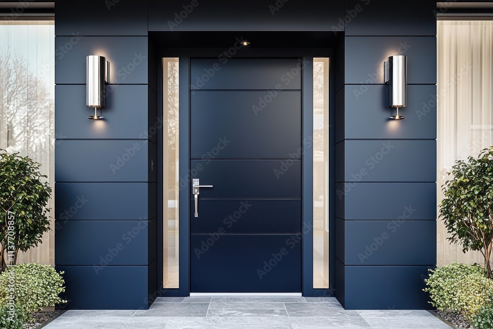 Fototapeta premium Modern front door in navy blue with sconces, providing an elegant entry to any space.