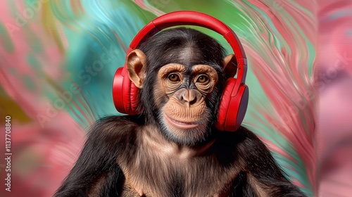 Wallpaper Mural The portrait features a lively monkey ape wearing bright red headphones, set against a vibrant abstract background filled with swirls of pink, green, and blue Torontodigital.ca