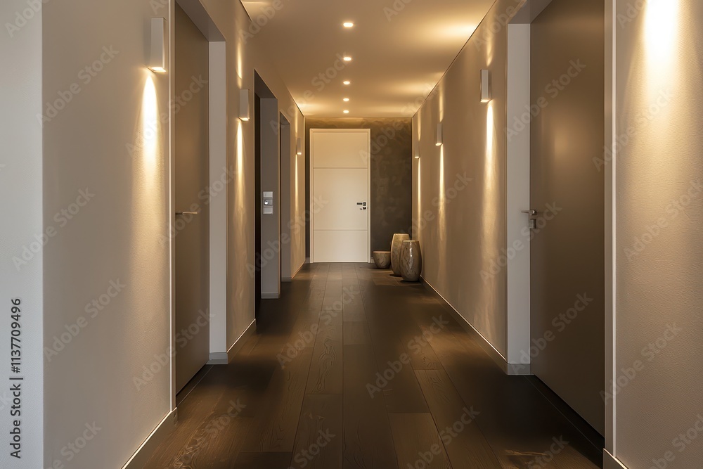 A modern hallway with dark wood flooring, minimalist doors, and soft lighting creates a serene feel. A modern hallway with dark wood flooring, minimalist doors, and soft lighting creates a serene feel.