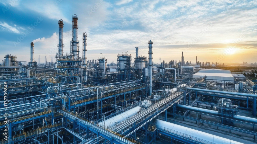 Refinery industry industrial area with the sky at sunset Oil and natural gas storage tanks Refinery industry industrial area with the sky at sunset Oil and natural gas storage tanks