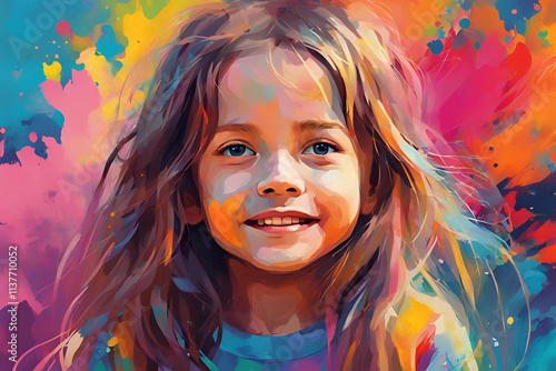 A colorful digital painting of a child with long hair, wearing a simple, cute outfit. The close-up portrait has a vibrant background with abstract color splashes.