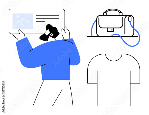 Wallpaper Mural Man holding a document with a photo, side bag, and t-shirt. Ideal for travel, fashion, business, lifestyle, design, marketing, education. Line metaphor Torontodigital.ca