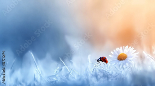 Beautiful natural background with daisy wheel and ladybug in blue