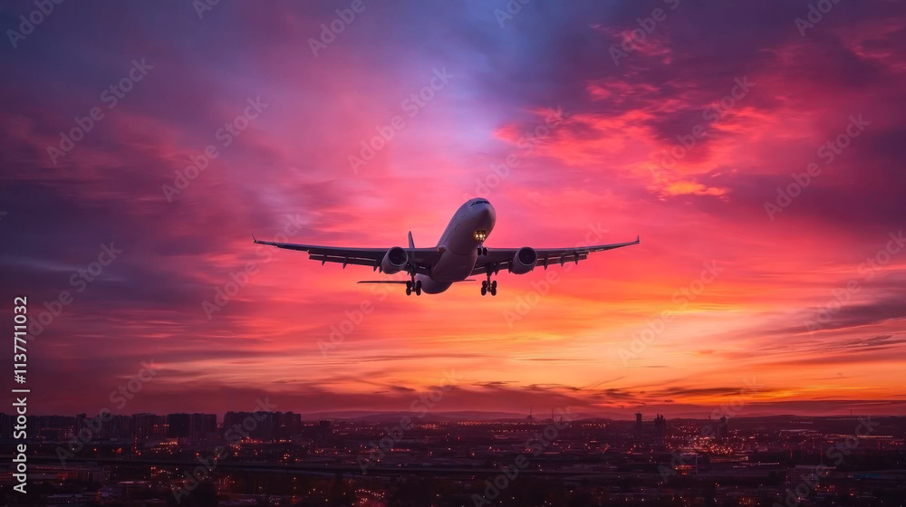 Airplane is flying in colorful sky over city at night. Landscape Airplane is flying in colorful sky over city at night. Landscape