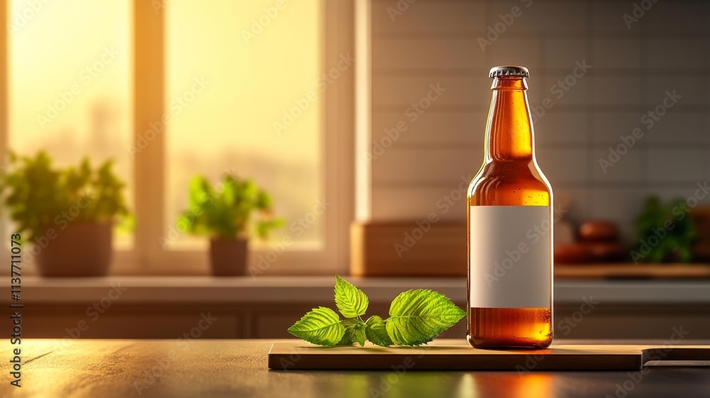 Minimalist Beer Bottle with Blank Label on Kitchen Counter. Generative AI Minimalist Beer Bottle with Blank Label on Kitchen Counter. Generative AI