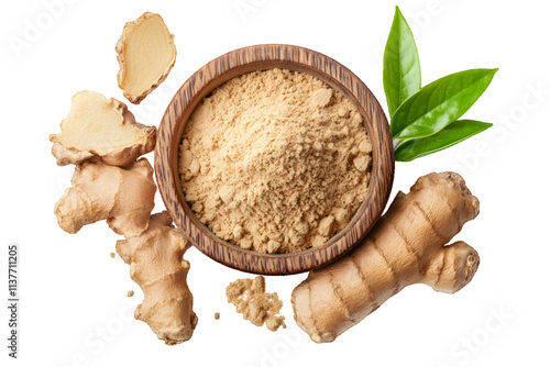 Ginger root and powder isolated on white or transparent background, top view


