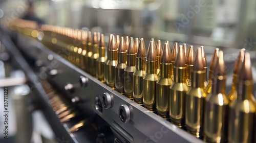 Bullets on the conveyor belt of a military machine gun factory