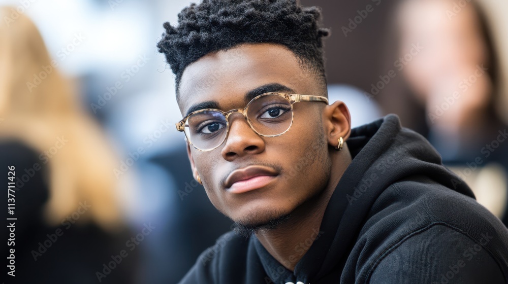 A young man with short curly hair, glasses, and a black hoodie looks confidently into the camera, symbolizing focus, modern style, and youth. A young man with short curly hair, glasses, and a black hoodie looks confidently into the camera, symbolizing focus, modern style, and youth.