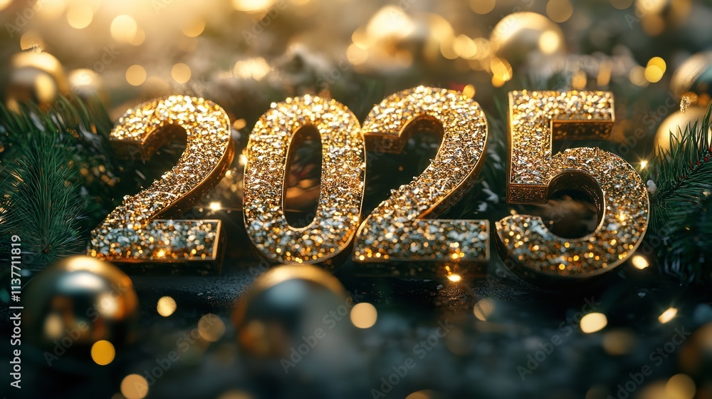 White Golden 3D 2025 Text in Dark Background. Happy New Year White Golden 3D 2025 Text in Dark Background. Happy New Year