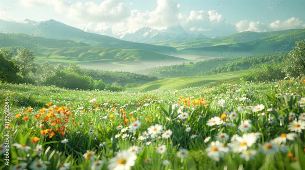 Fototapeta premium Serene Mountain Meadow: A Breathtaking Spring Landscape