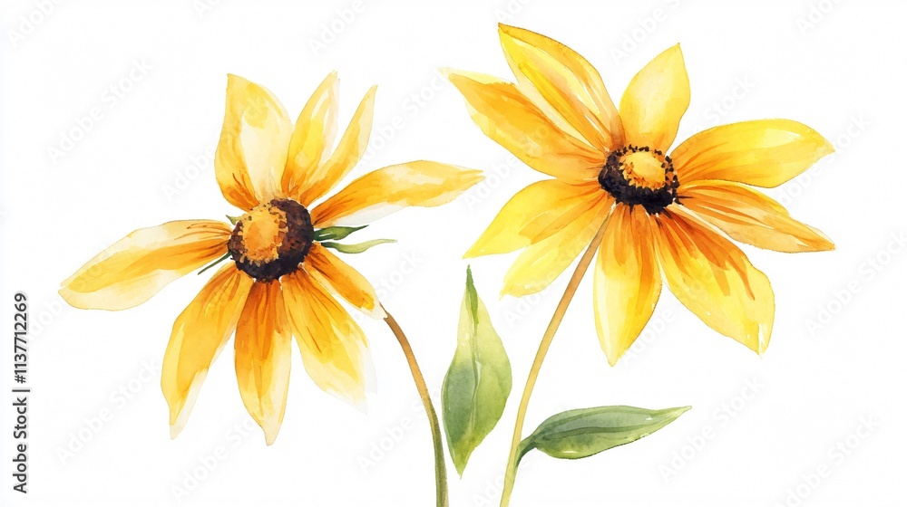 Obraz premium Watercolor Painting of Two Yellow Flowers on White Background