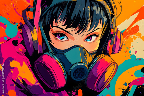 A vibrant illustration of a girl in a gas mask with colorful splashes around her. Anime character  photo