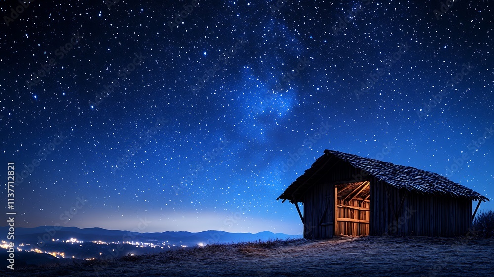 Rustic wooden cabin glows under a breathtaking night sky filled with stars and the Milky Way, overlooking a distant town. Rustic wooden cabin glows under a breathtaking night sky filled with stars and the Milky Way, overlooking a distant town.