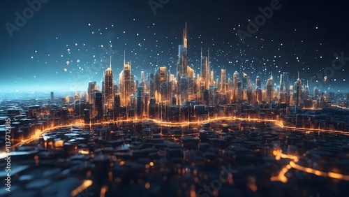 Stunning Futuristic Skyline Illuminated by Lights Over a Dark Landscape at Night