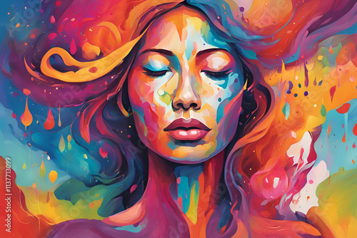 Wallpaper Mural A colorful digital painting symbolizing mental health awareness, featuring a figure with a peaceful expression, surrounded by vibrant abstract color splashes representing emotions and growth. The back Torontodigital.ca