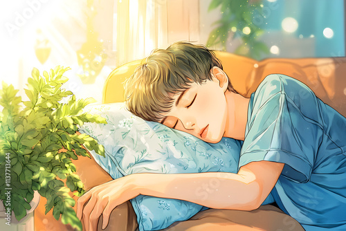 A young person peacefully sleeping on a couch, surrounded by a cozy, bright environment. Anime illustration photo