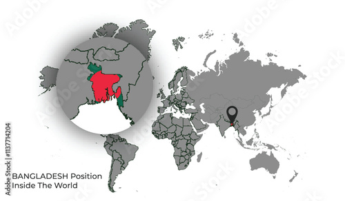 BANGLADESH Position Inside the World with Flag in Map photo