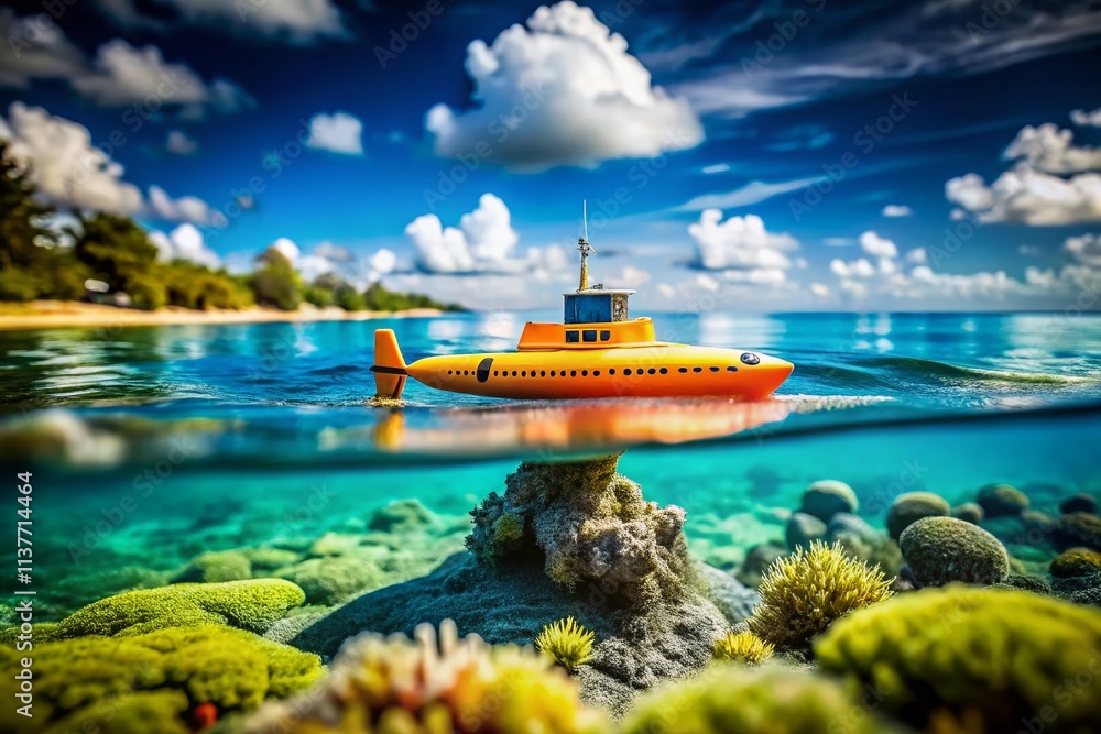 Obraz premium Tilt-Shift Photography of a Submarine with a Bright Orange Stripe Swimming in Crystal Clear Waters, Capturing a Unique Perspective of Underwater Exploration and Marine Life