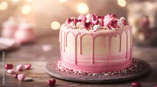 Delicious Pink Valentine Cake Decorated With Hearts