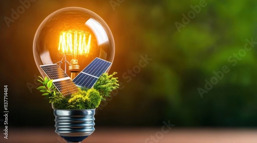 The eco friendly lightbulb background showcases a variety of sustainable and renewable energy sources, such as solar panels, wind turbines, and hydroelectric dams